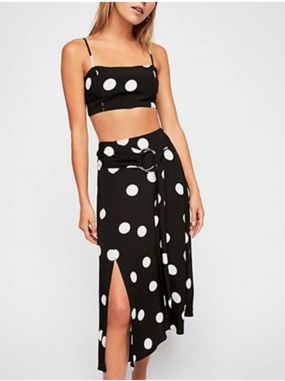 Free People Coco Cabana 3 piece polka dot skirt crop top belt set size 8 Medium